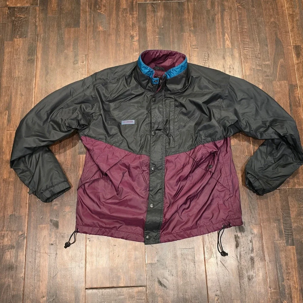 Vintage Columbia Color Block Windbreaker Jacket Mens Burgundy Black Medium‎